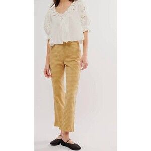 Free People In My Feelings Slim Crop Pants Sz Large Yellow Pink Gingham Pull On